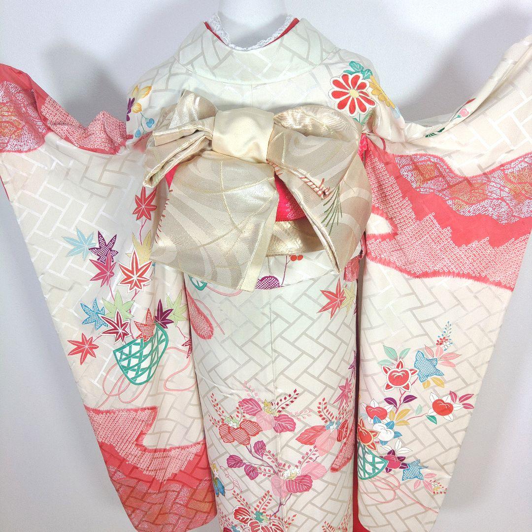 格安！！　振袖フルセット　10点　成人式　結婚式　前撮り　白　ホワイト　絞り　赤