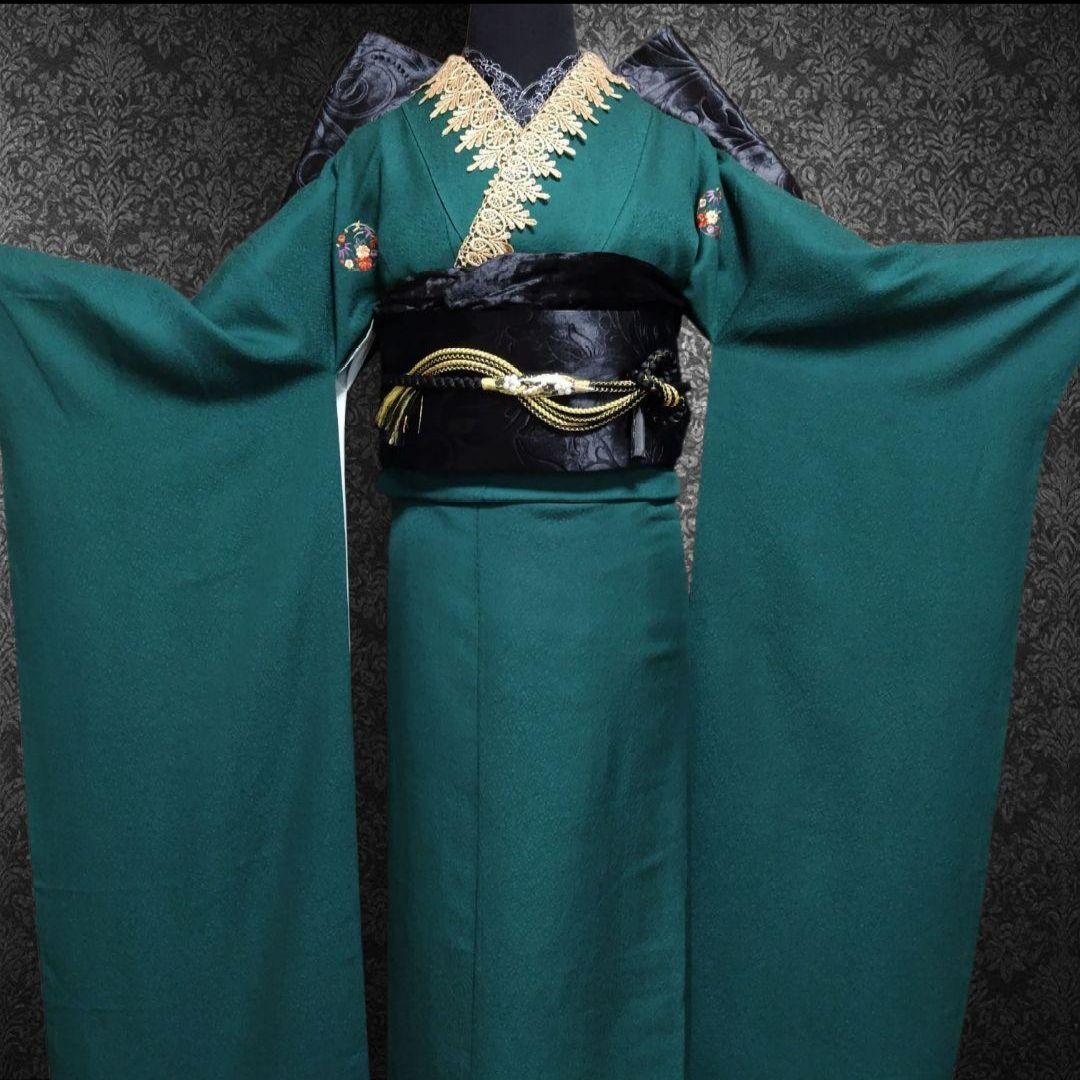 SALE中☆振袖フルセット(7点)・成人式・緑・色無地振袖・三つ紋・モノトーン