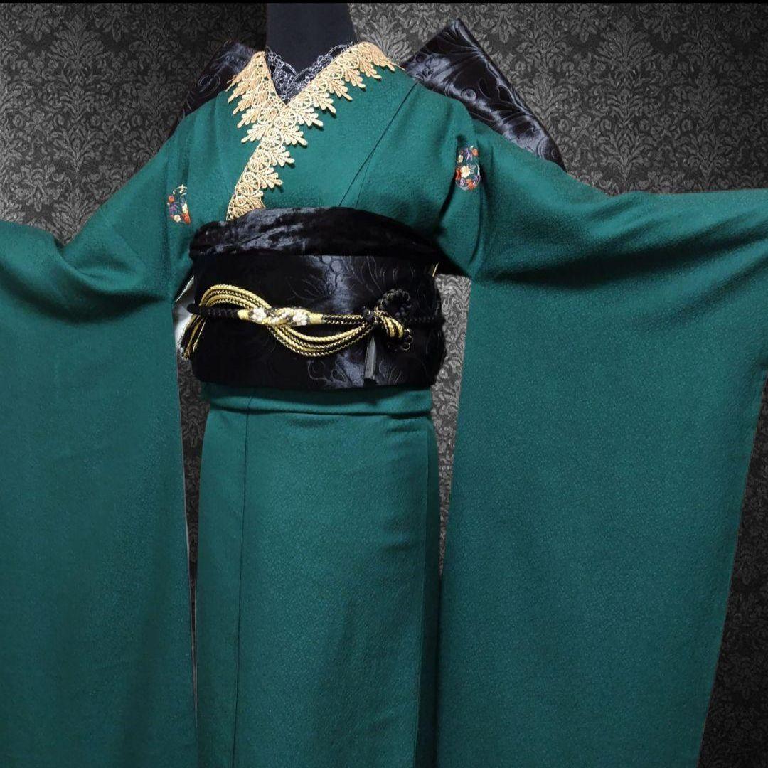 SALE中☆振袖フルセット(7点)・成人式・緑・色無地振袖・三つ紋・モノトーン