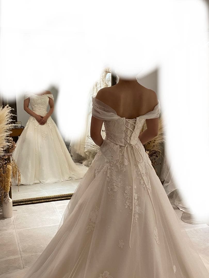 Aラインウェディングドレス 7-11号 キラキラ×チュール オフショル付属可能