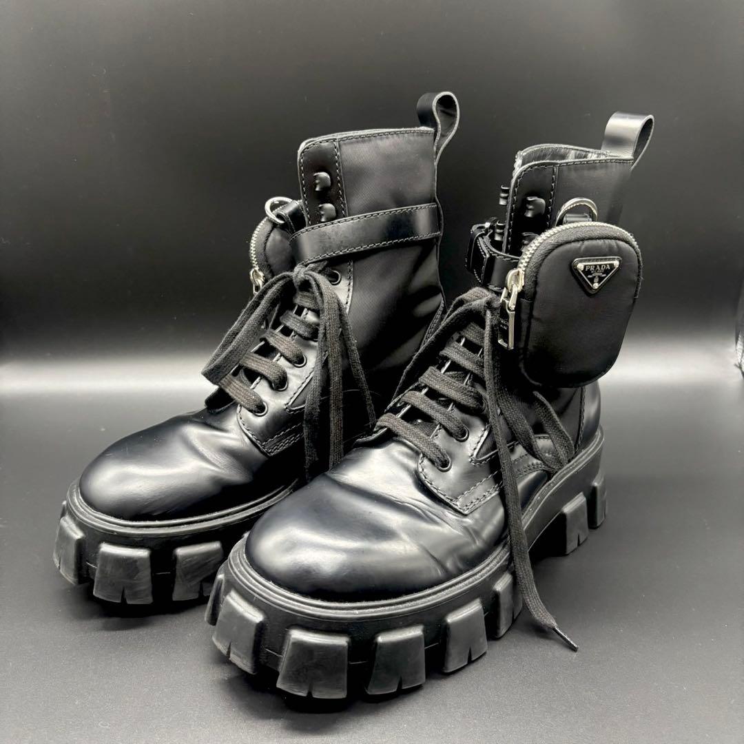 美品 PRADA プラダ Re-Nylon モノリス ポーチ付き ブーツ