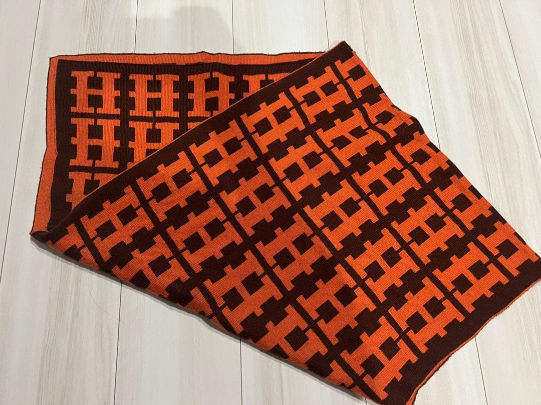 HERMES エルメス Hロゴ マフラー カシミヤ　オレンジ　リバーシブル