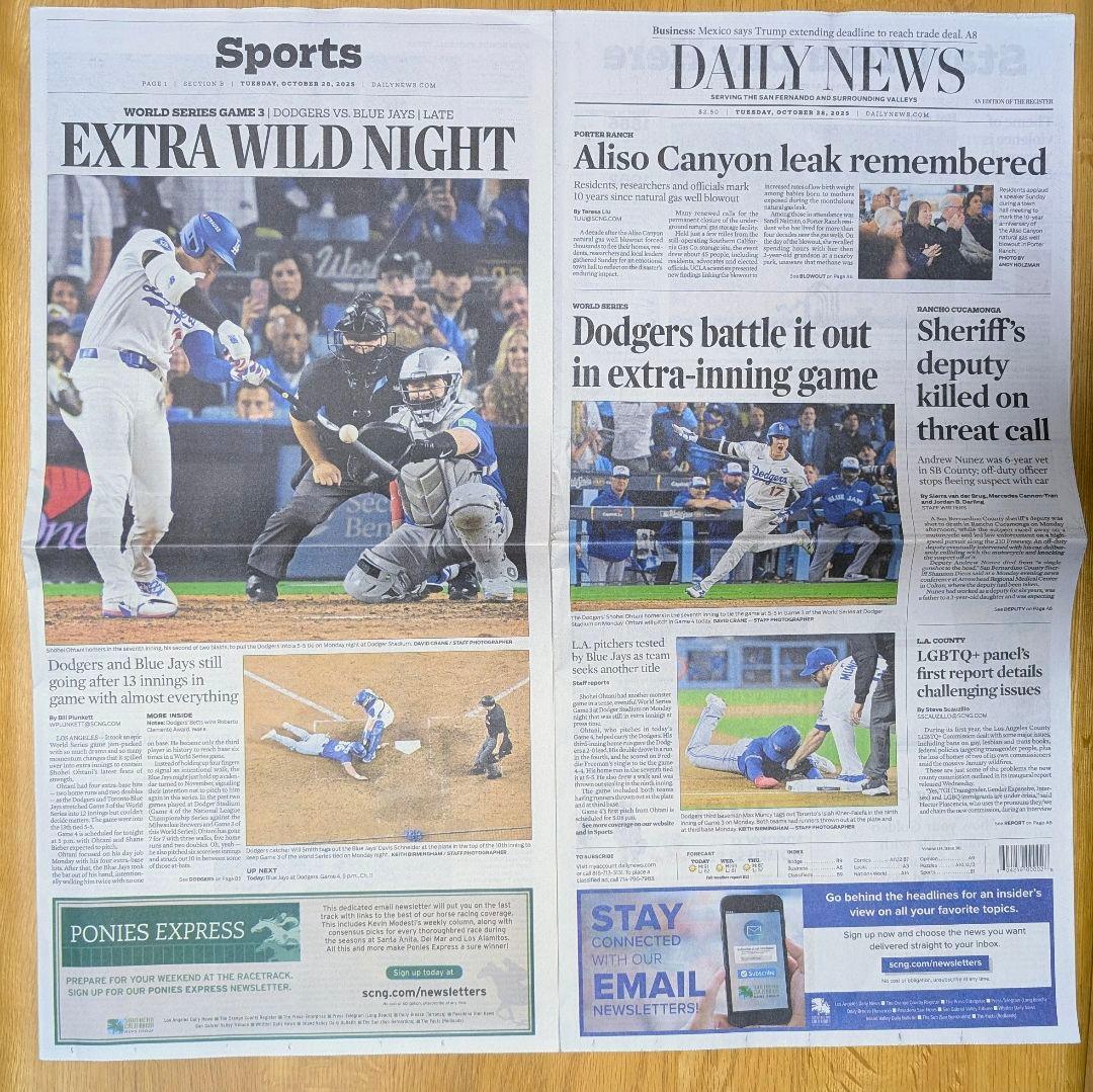 LA Daily News 2025年10月28日 大谷翔平 WS 第3戦