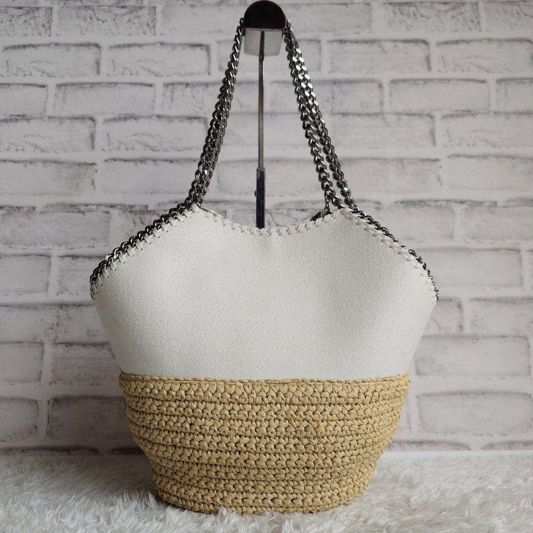 ステラマッカートニー ミディアムトート ラフィア チェーン 白 かごバッグ 革