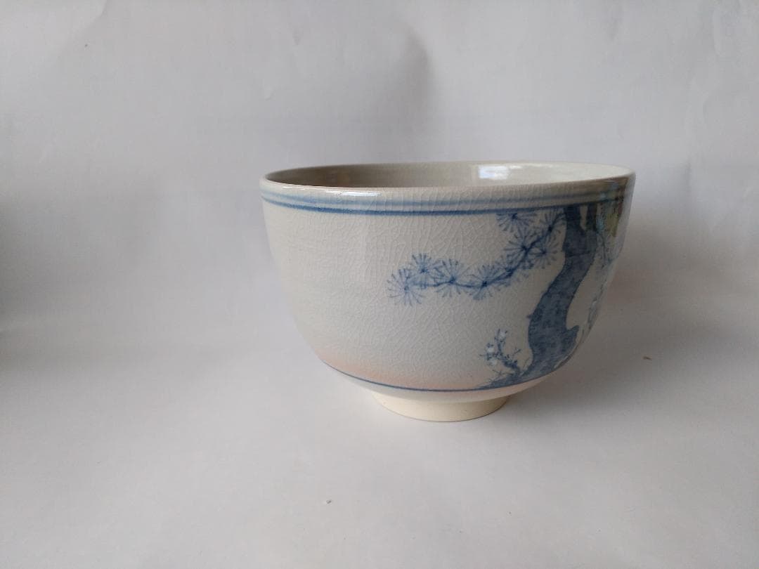 尾土焼 土居庄次 松竹梅ノ絵 茶碗 茶道具 共箱 共布 栞 新品 未使用 保管品