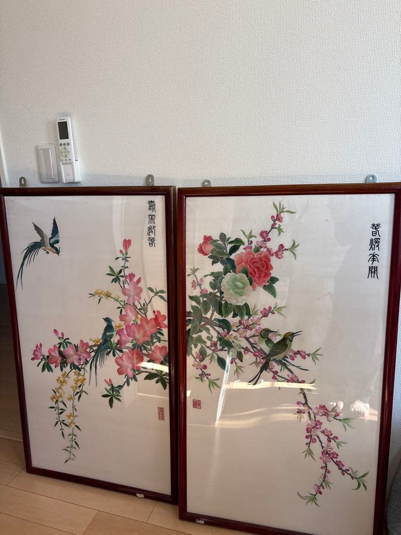 風*蛛様 刺繍絵画 中国 2点 花 鳥