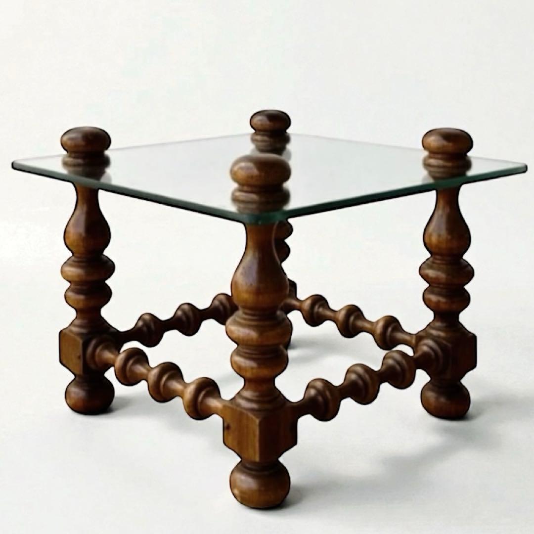 1970s アメリカ製　ヴィンテージ 木製×ガラス サイドテーブル 正方形