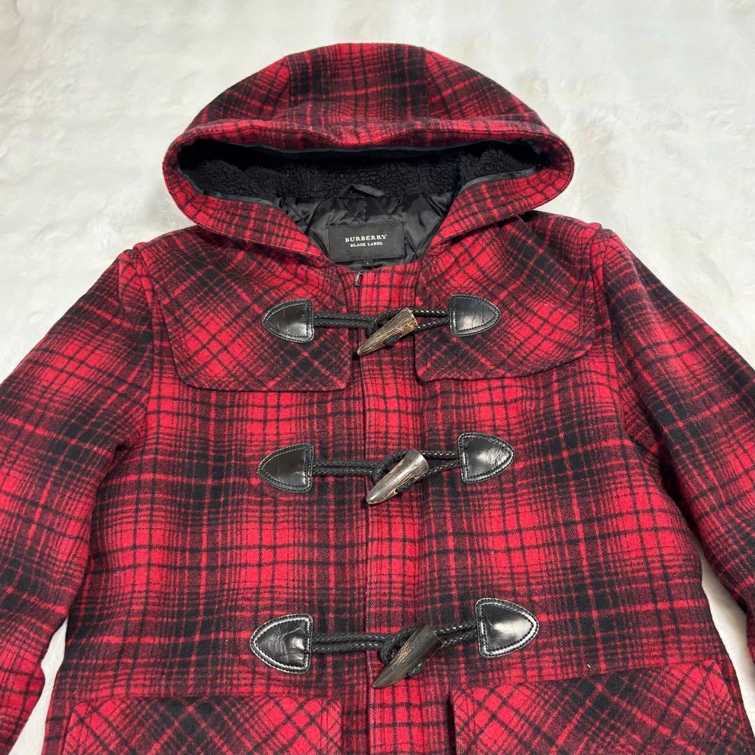 バーバリー ブラックレーベル ダッフルコート フード チェック柄 赤 Ｌサイズ