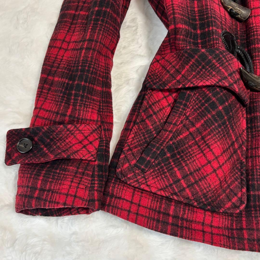 バーバリー ブラックレーベル ダッフルコート フード チェック柄 赤 Ｌサイズ