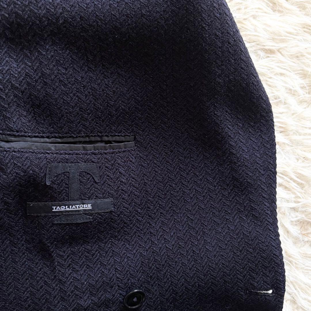 <美品>TAGLIATORE ネイビー ウール ダブル ニットジャケット 50