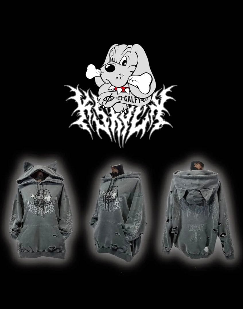 GALFY KRY コラボ ケモミミ染めボロ パーカー２ グレー REFLEM