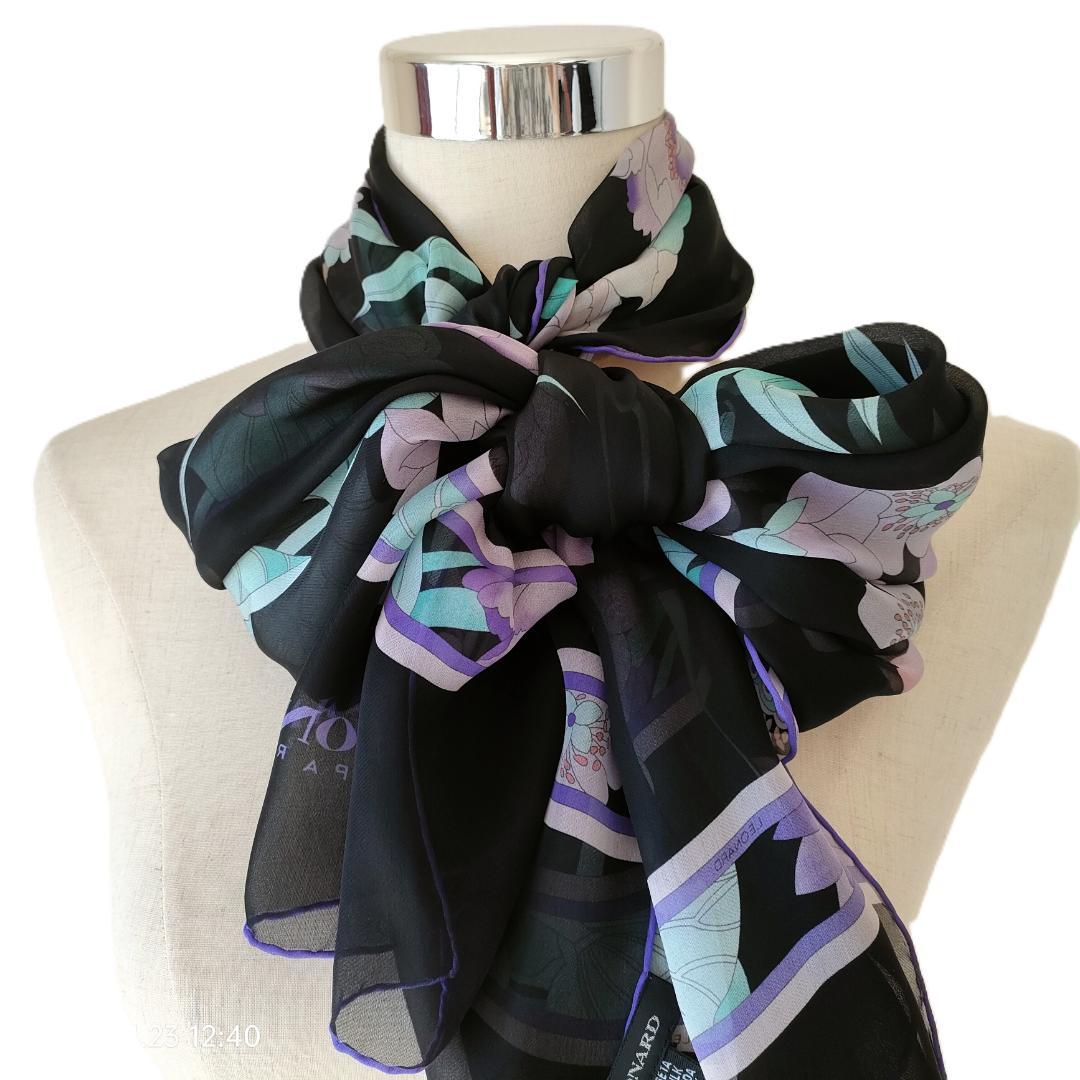 高級感あり 　極美品　レオナール ストール スカーフ ショール 黒にパープル