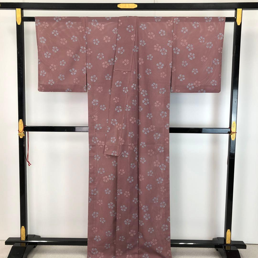 夏着物 小紋 絽 さんび 可愛らしい花模様 紫桃鼠色 KK-1990