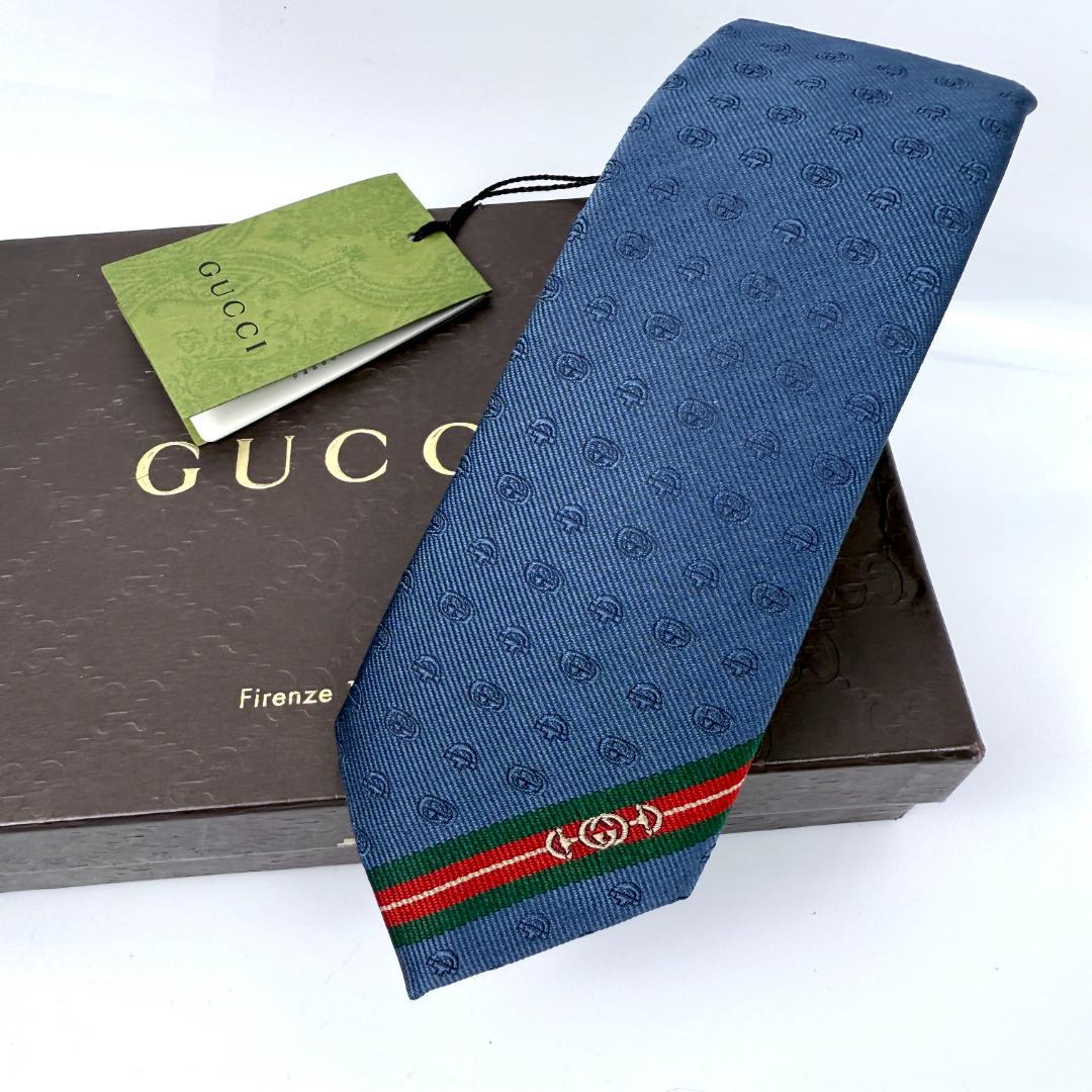 未使用 現行 GUCCI グッチ タグ付 ネクタイ GG ホースビット ネイビー