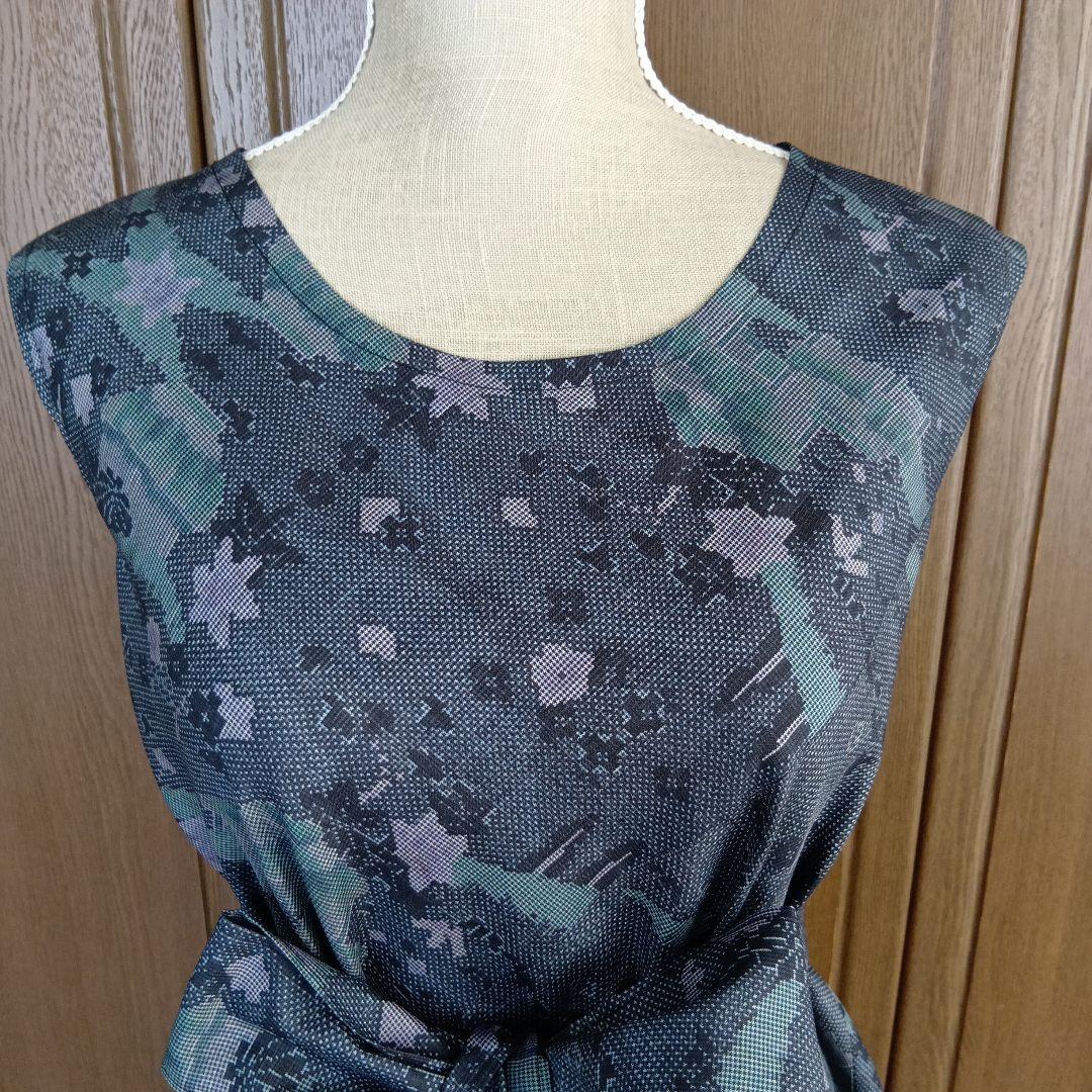 着物リメイク＊７マルキ大島紬　ミントブルー＊ノースリーブテント型フレアワンピース