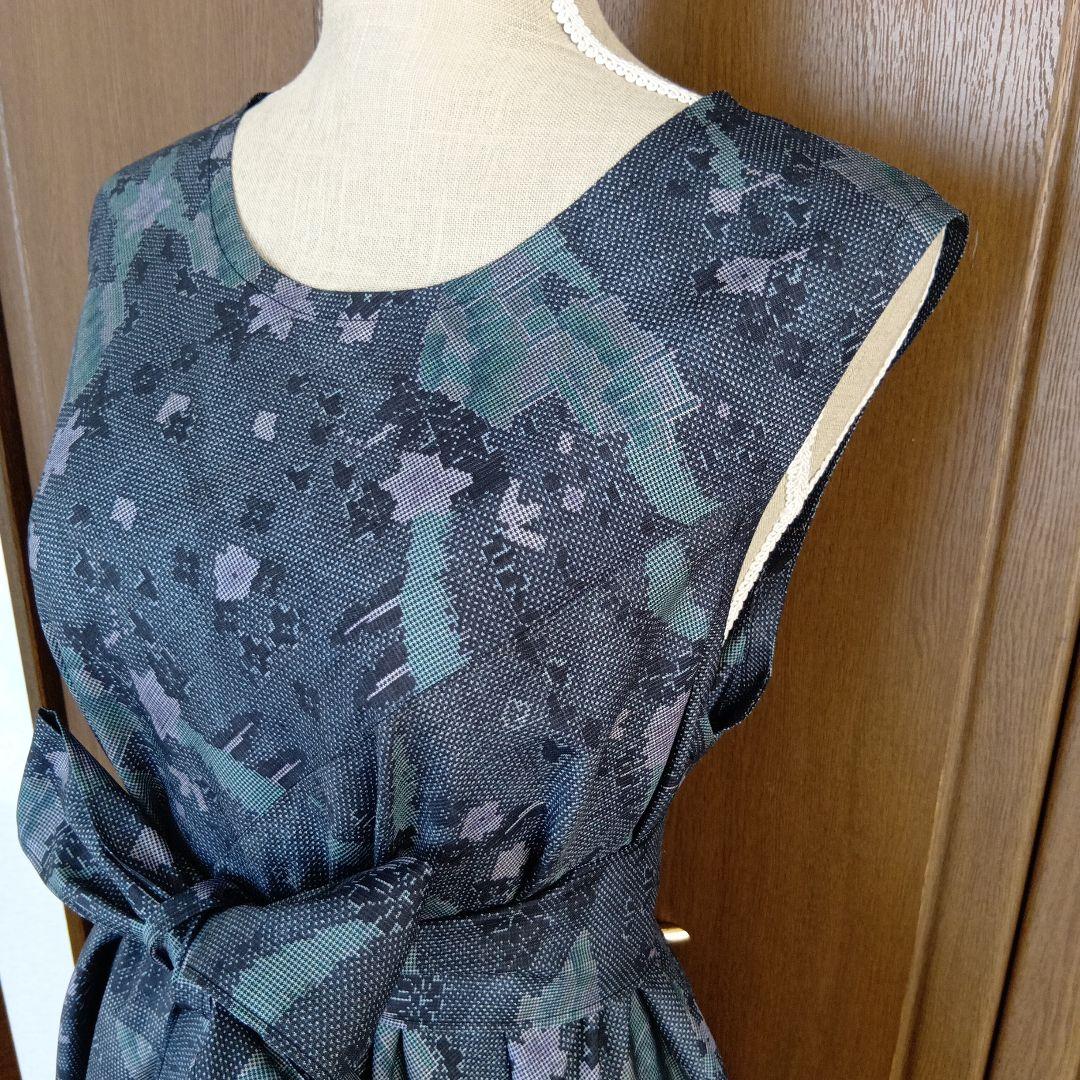 着物リメイク＊７マルキ大島紬　ミントブルー＊ノースリーブテント型フレアワンピース