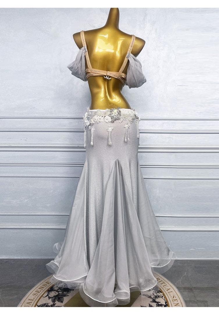 ベリーダンス衣装 シルバービジュー舞台ロングドレスエレガント 社交ダンスドレス