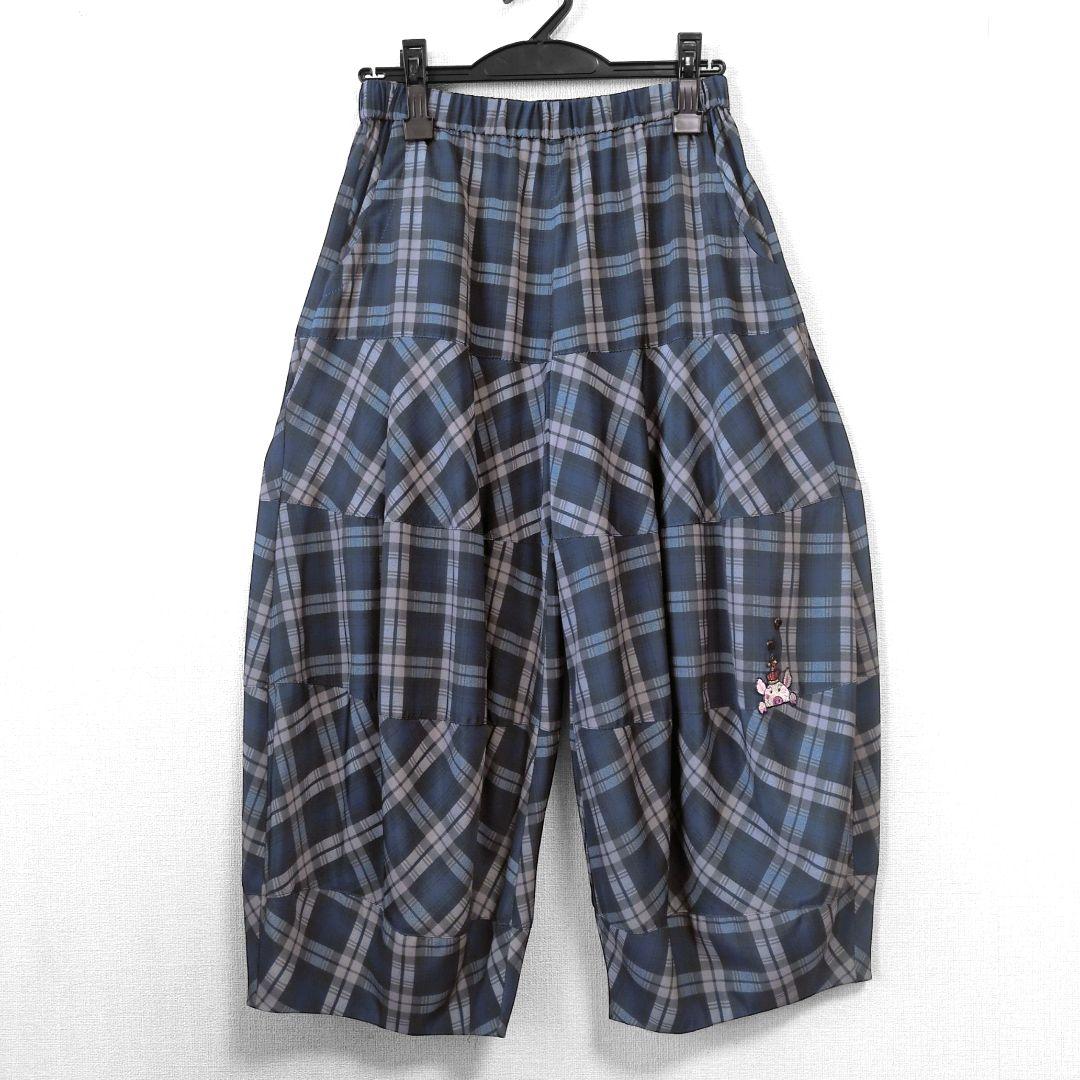 【涼感】アルベロベロ♥️ぶたさんワッペン　ネイビー系チェック　 サルエルパンツ