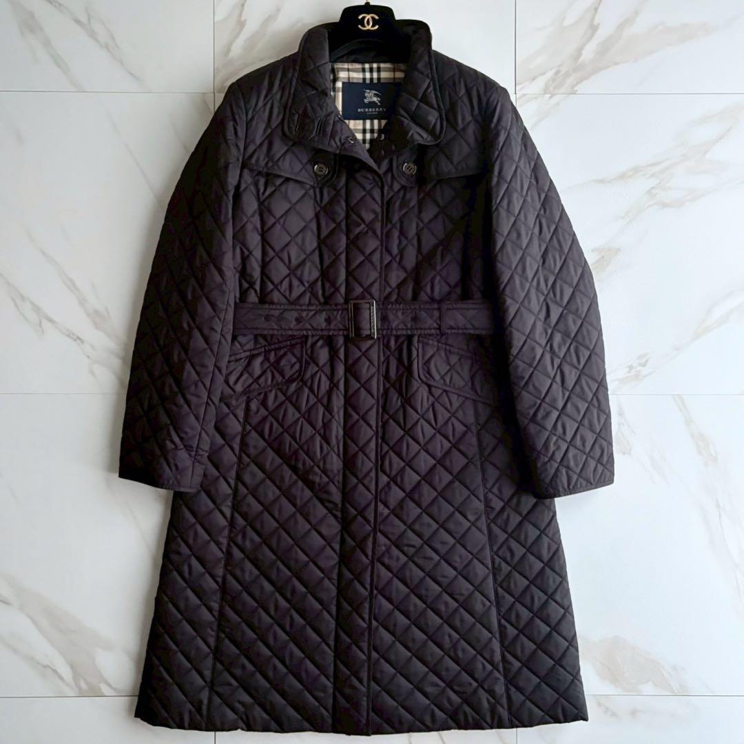 美品◆バーバリーロンドン キルティング ベルト付き ロングコート 黒 Lサイズ