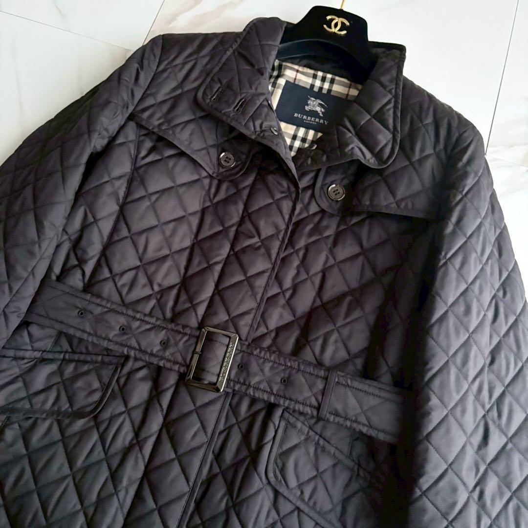 美品◆バーバリーロンドン キルティング ベルト付き ロングコート 黒 Lサイズ