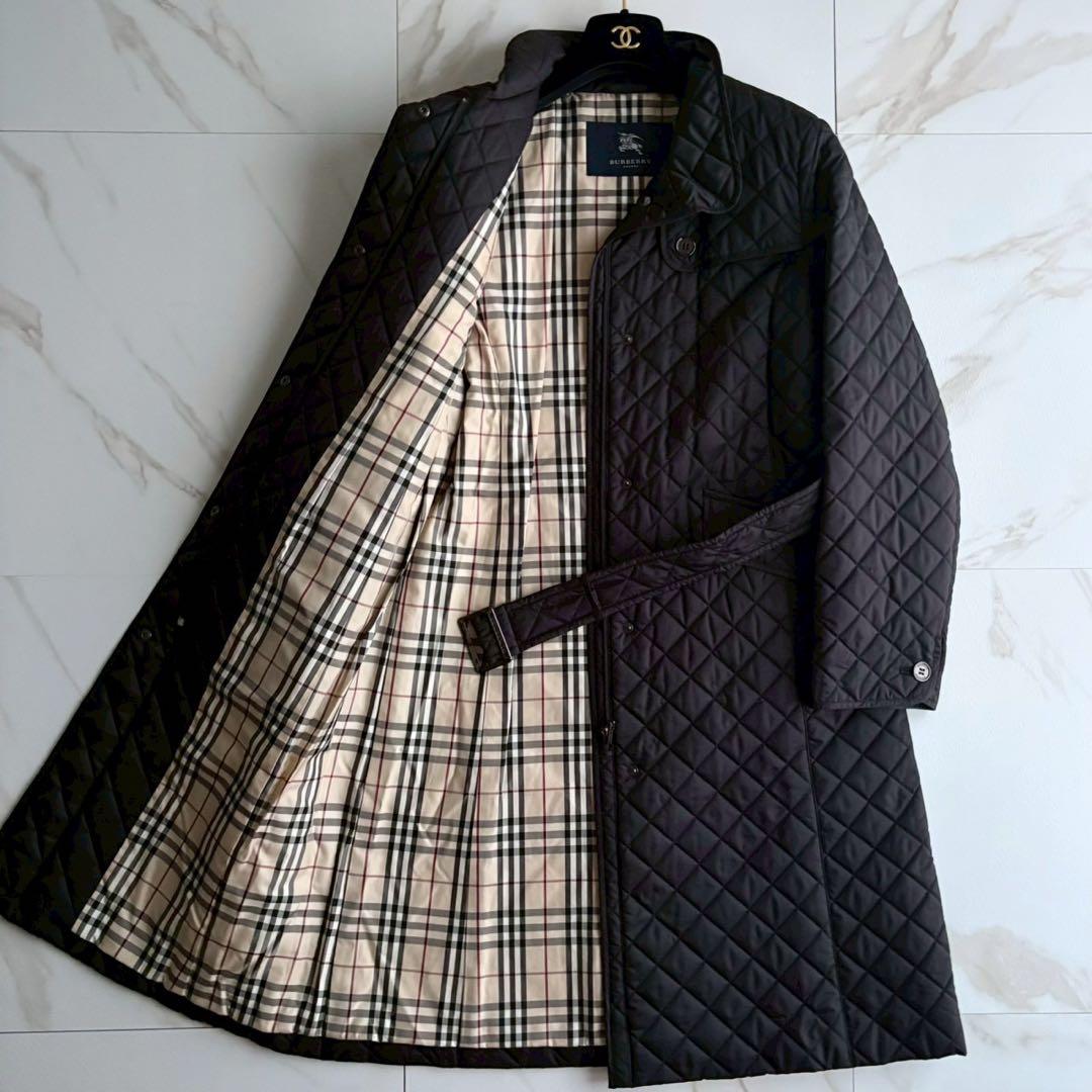 美品◆バーバリーロンドン キルティング ベルト付き ロングコート 黒 Lサイズ
