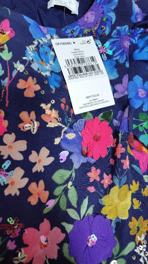 next ネイビーブルー小花柄エンジェルスリーブ 装飾付 スパンコール