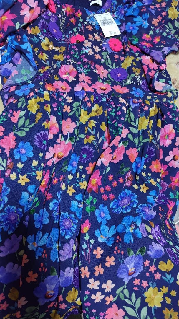 next ネイビーブルー小花柄エンジェルスリーブ 装飾付 スパンコール