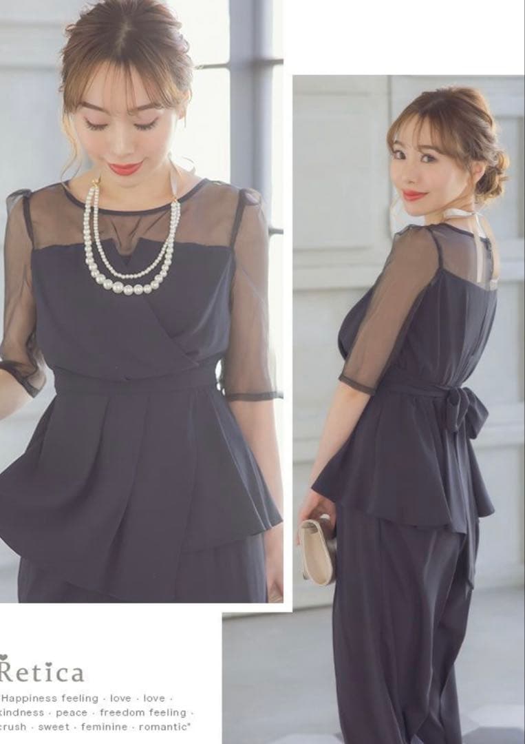 シースルー袖ビスチェ風デザインパンツセットアップパーティードレス Sサイズ