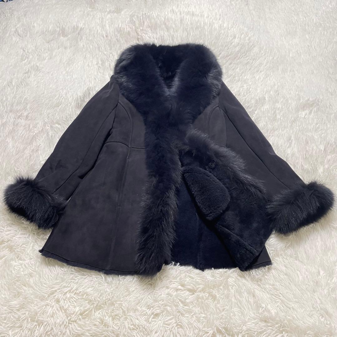 美品　M's Selection ラムレザー　ムートンファーコート　ネイビー