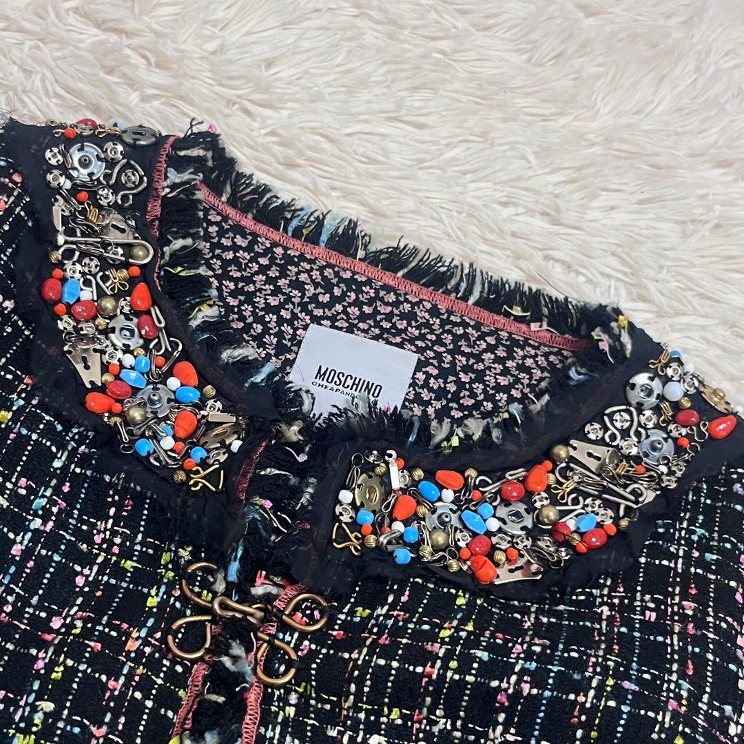 モスキーノチープアンドシック　ツイード　ノーカラー　ロングジャケット