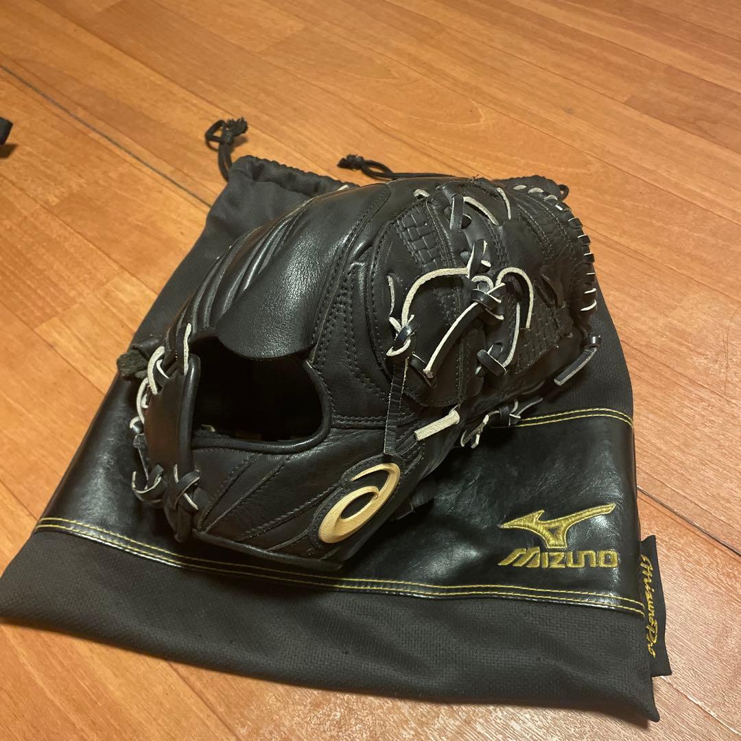 asics 黒 レザー 野球グローブ 収納袋付き
