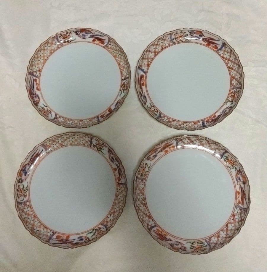 京焼 清水焼 京泉 赤絵渕花鳥小紋 7号輪花皿 ４枚　中皿 取り皿