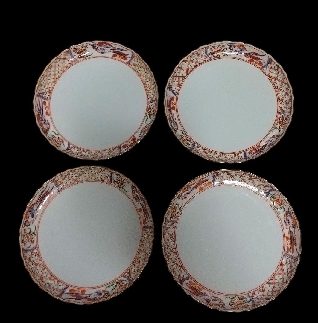 京焼 清水焼 京泉 赤絵渕花鳥小紋 7号輪花皿 ４枚　中皿 取り皿