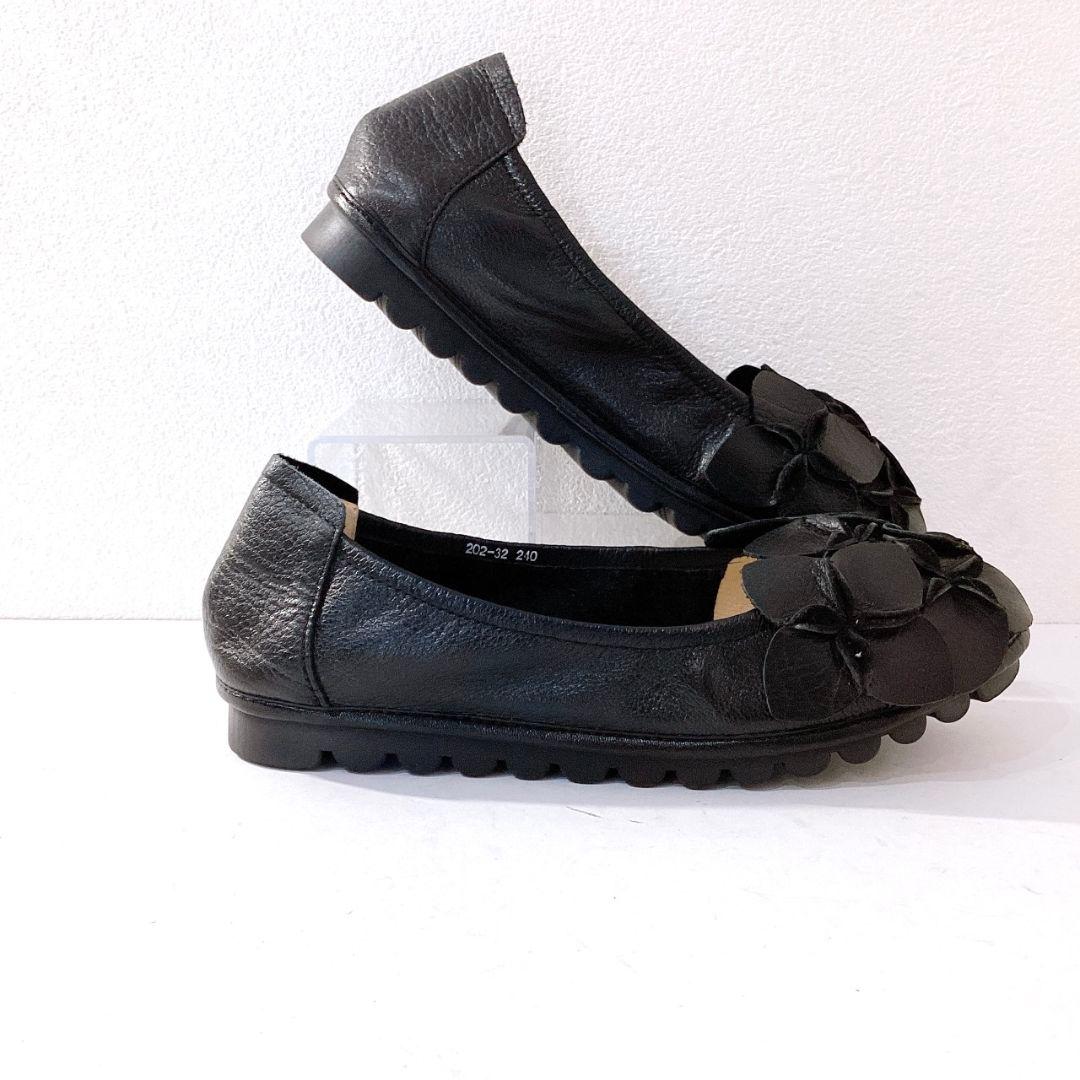 極美品✨エスタシオン　花モチーフ　フラットシューズ　本革　黒　24cm