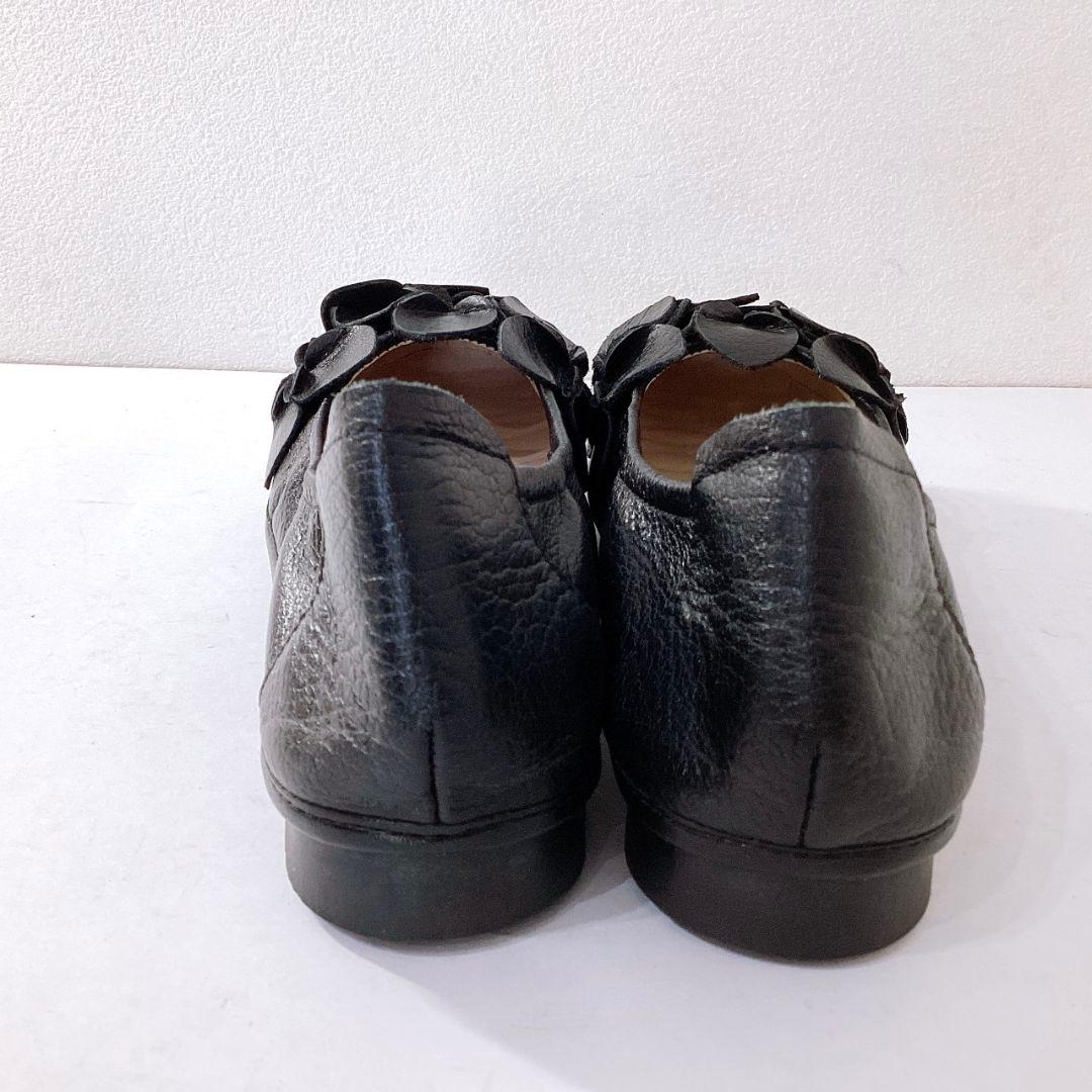 極美品✨エスタシオン　花モチーフ　フラットシューズ　本革　黒　24cm