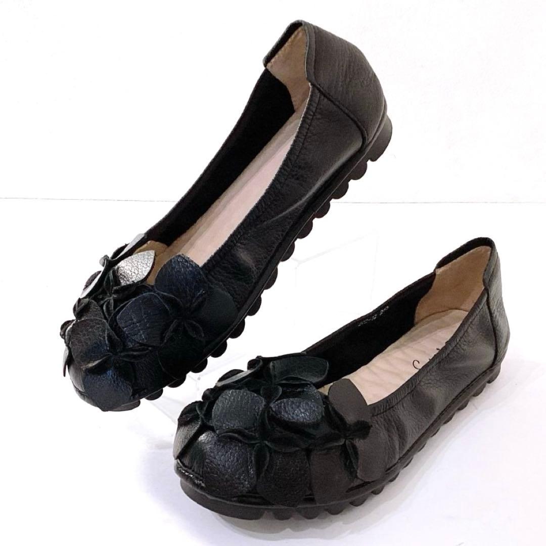 極美品✨エスタシオン　花モチーフ　フラットシューズ　本革　黒　24cm