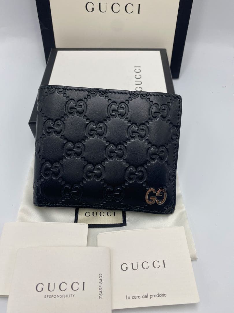 【美品】GUCCI グッチ メンズ財布 ブラックレザー二つ折り財布 財布 黒