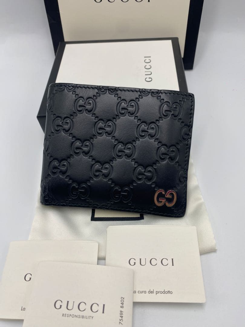 【美品】GUCCI グッチ メンズ財布 ブラックレザー二つ折り財布 財布 黒