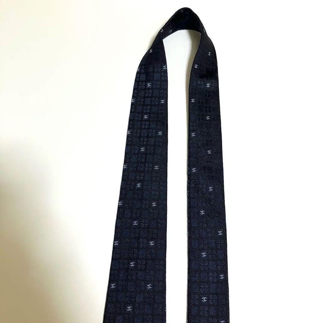 美品 CHANEL シャネル ネクタイ ココマーク ロゴ チェック柄 ネイビー