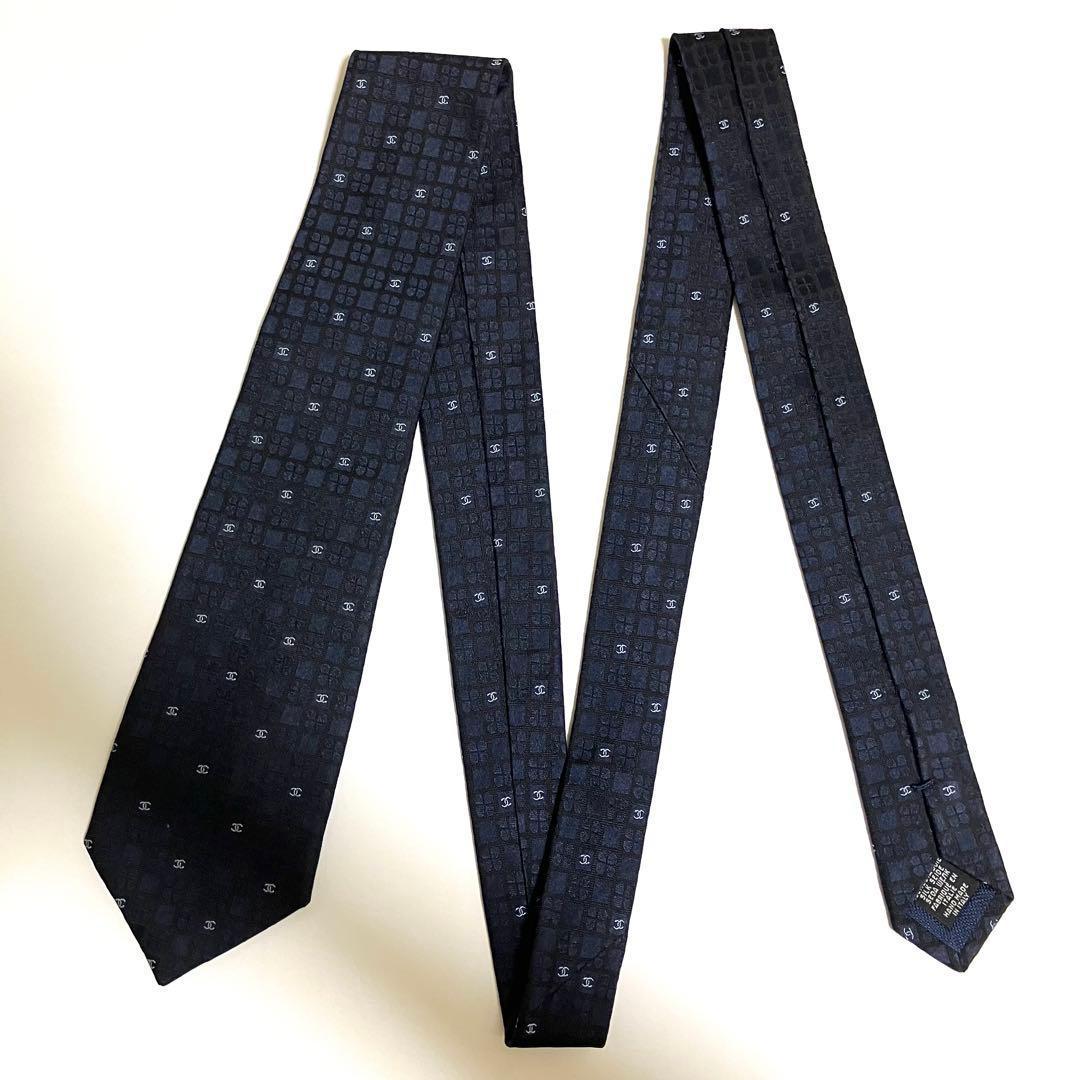 美品 CHANEL シャネル ネクタイ ココマーク ロゴ チェック柄 ネイビー