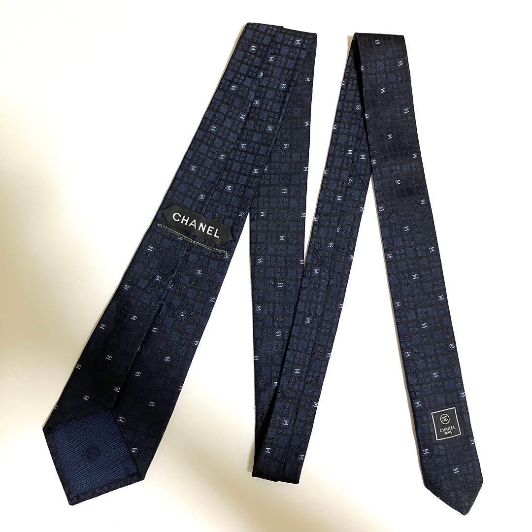 美品 CHANEL シャネル ネクタイ ココマーク ロゴ チェック柄 ネイビー