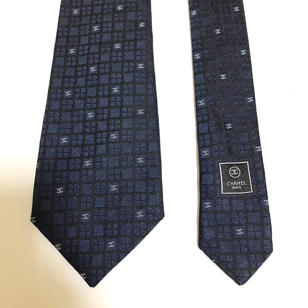 美品 CHANEL シャネル ネクタイ ココマーク ロゴ チェック柄 ネイビー