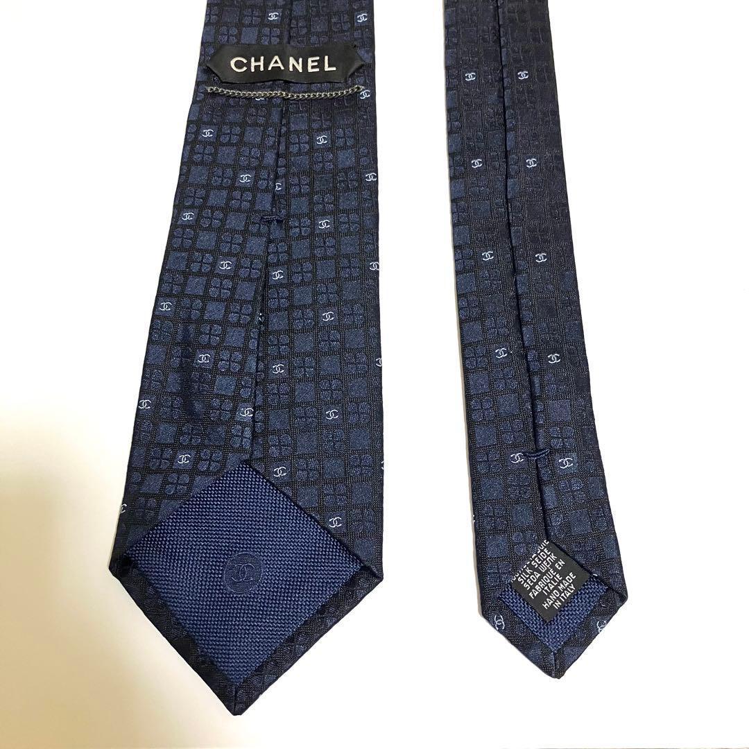 美品 CHANEL シャネル ネクタイ ココマーク ロゴ チェック柄 ネイビー
