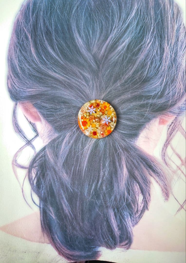 レジン　猫　ドライフラワー　ヘアゴム　ブローチ　ポニーフック　No.381