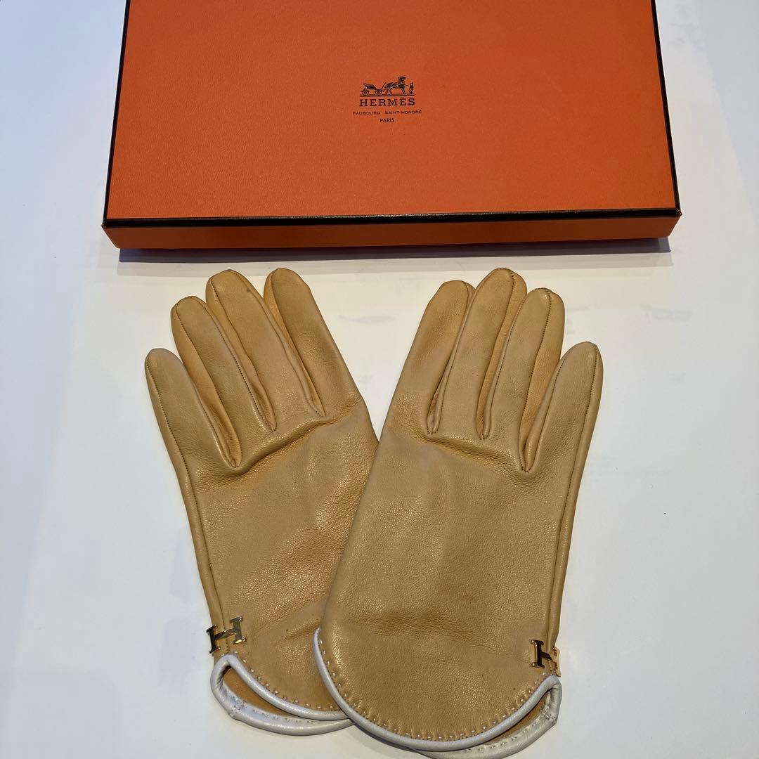 HERMES ベージュレザー手袋 箱付き