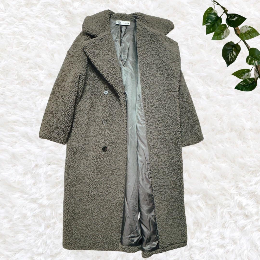 pq様　ZARA グレー ダブルブレスト フェイクボアテディベアコート S