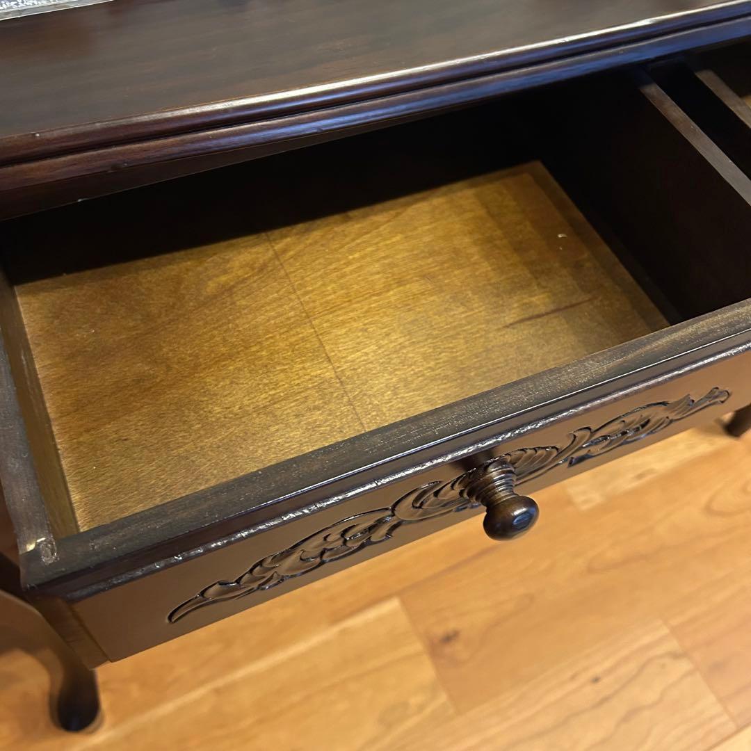 ダークブラウン 木製 文机 彫刻　アンティーク風