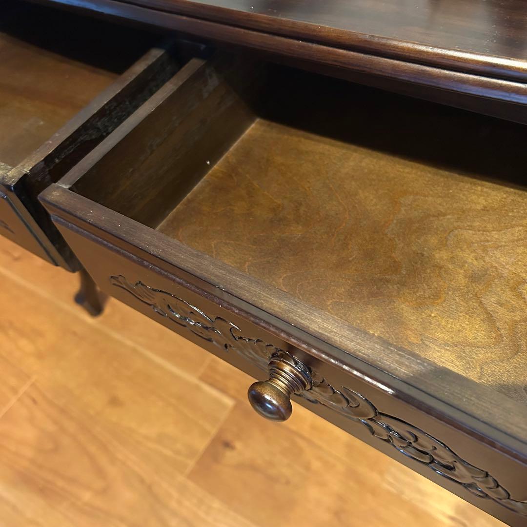 ダークブラウン 木製 文机 彫刻　アンティーク風