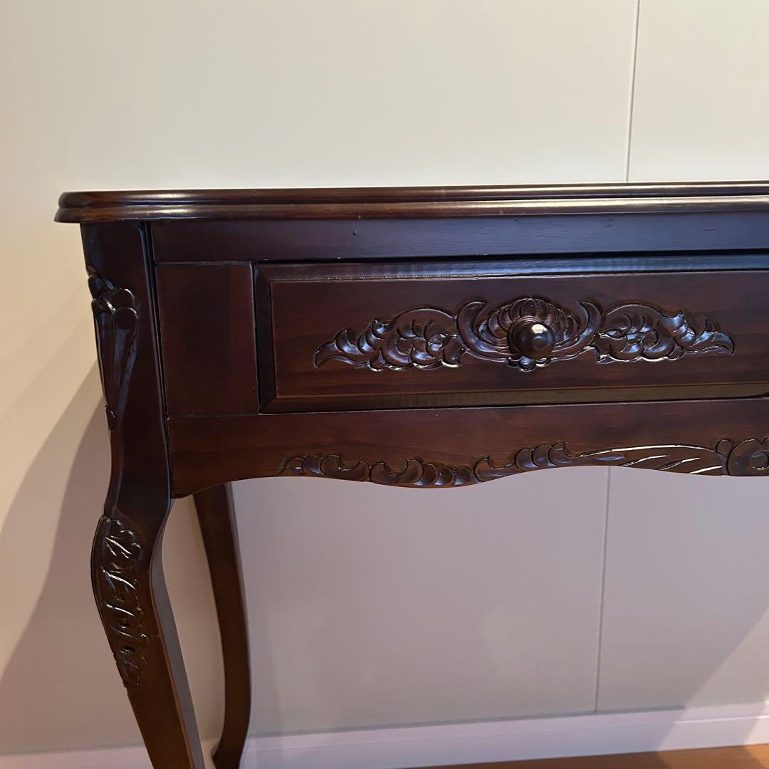 ダークブラウン 木製 文机 彫刻　アンティーク風