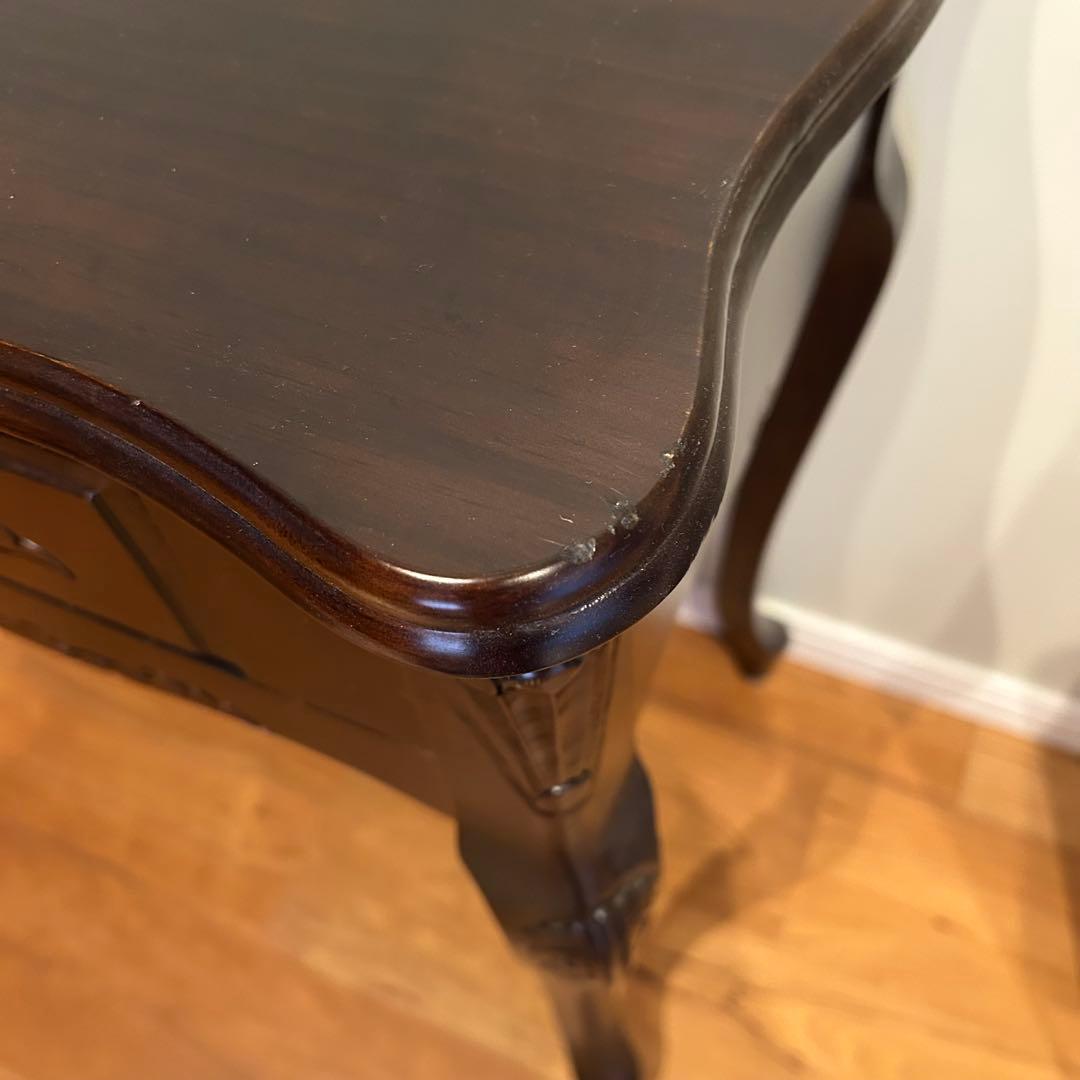 ダークブラウン 木製 文机 彫刻　アンティーク風